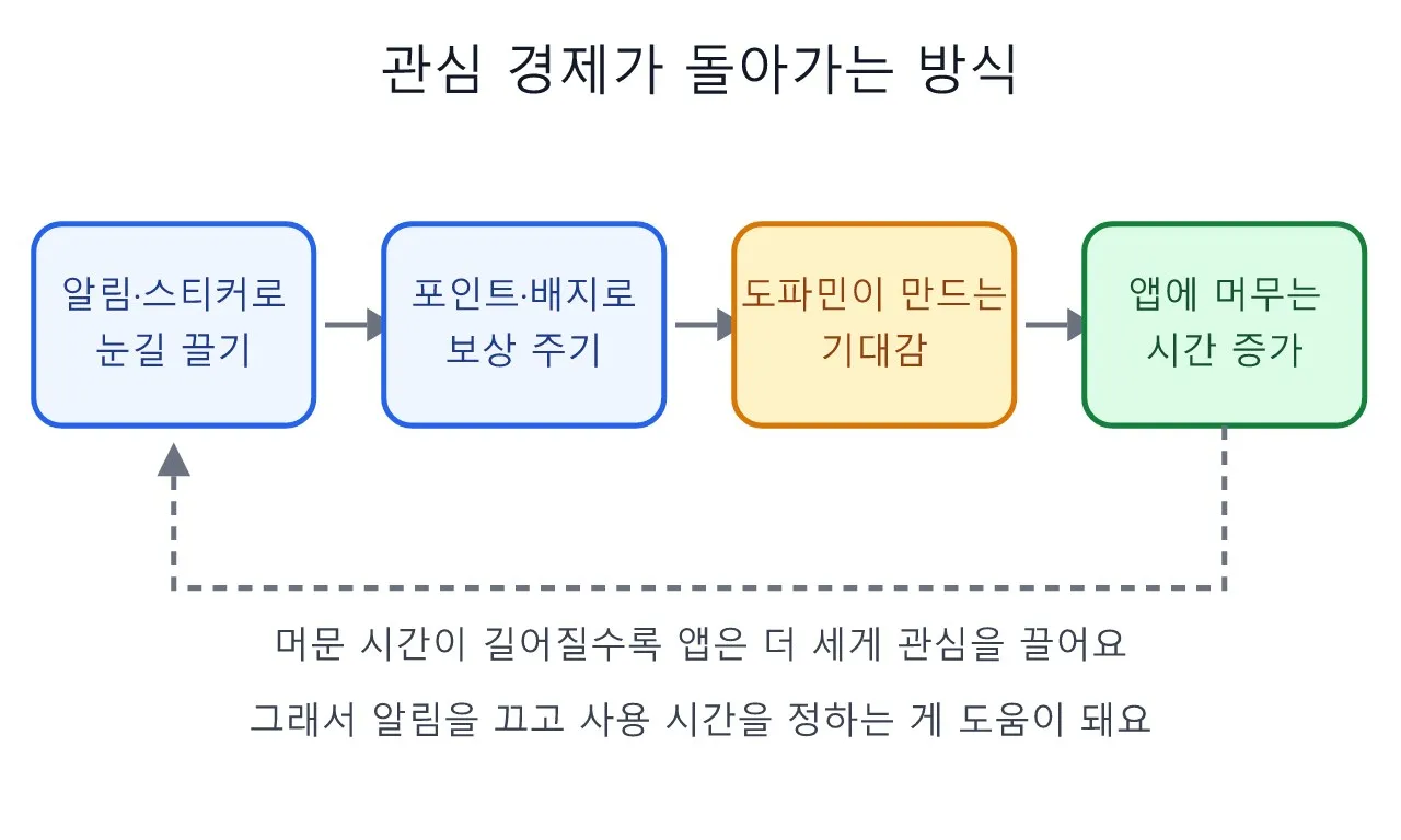 도파민 · 보상 심리: 관심 경제 — 앱은 왜 내 시간을 노릴까 도식