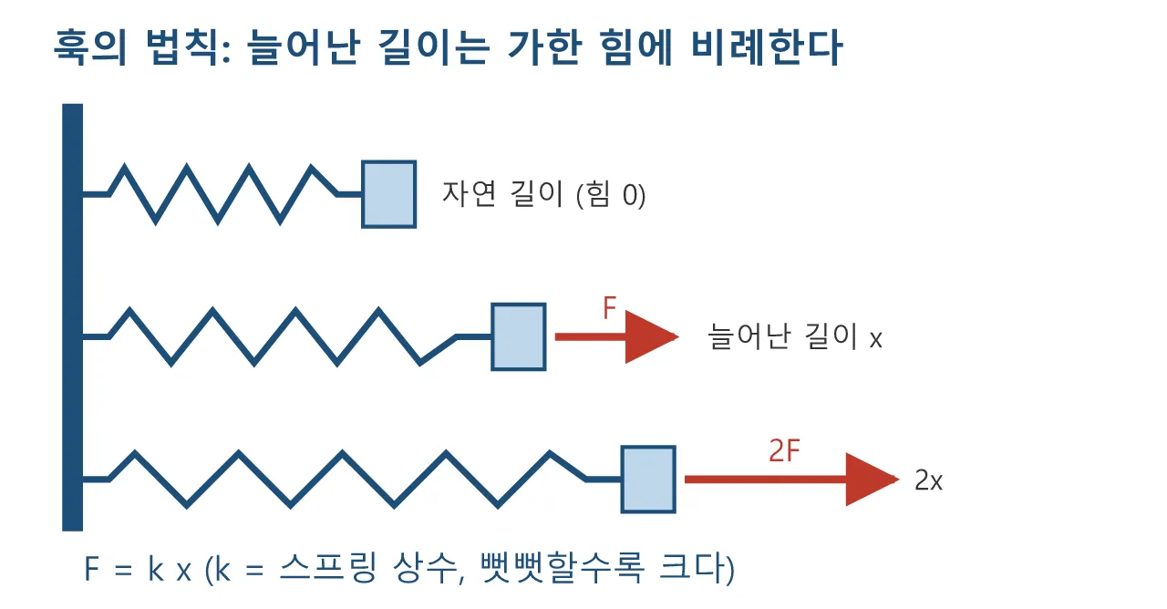 수학 기초: 스프링과 훅의 법칙 — 젤리처럼 튕기는 움직임 도식