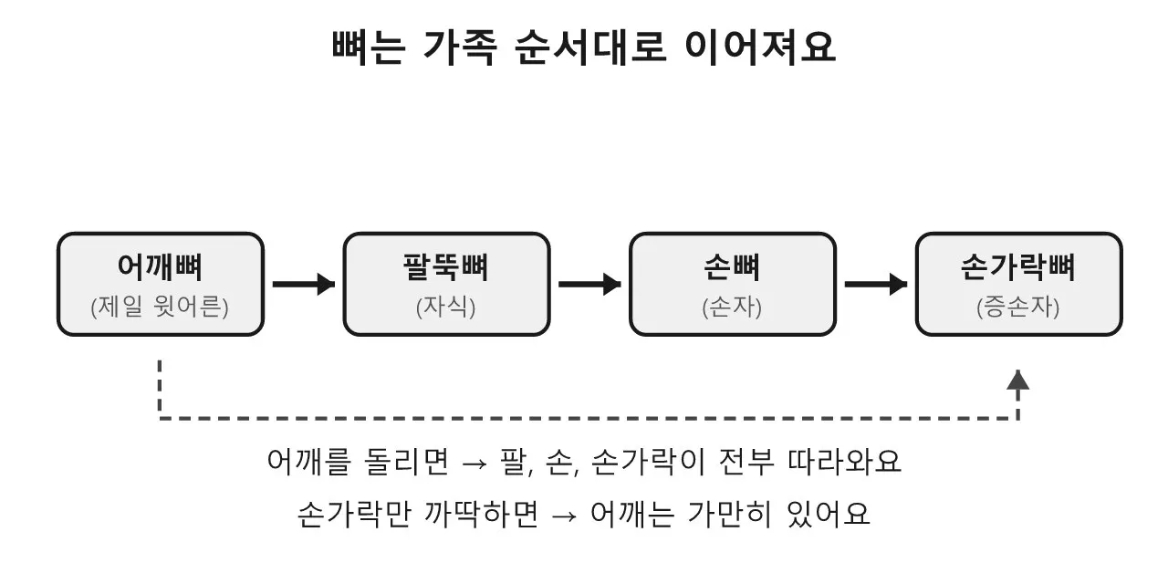 스켈레탈 애니메이션: 캐릭터 몸속에 숨은 뼈다귀 이야기 도식