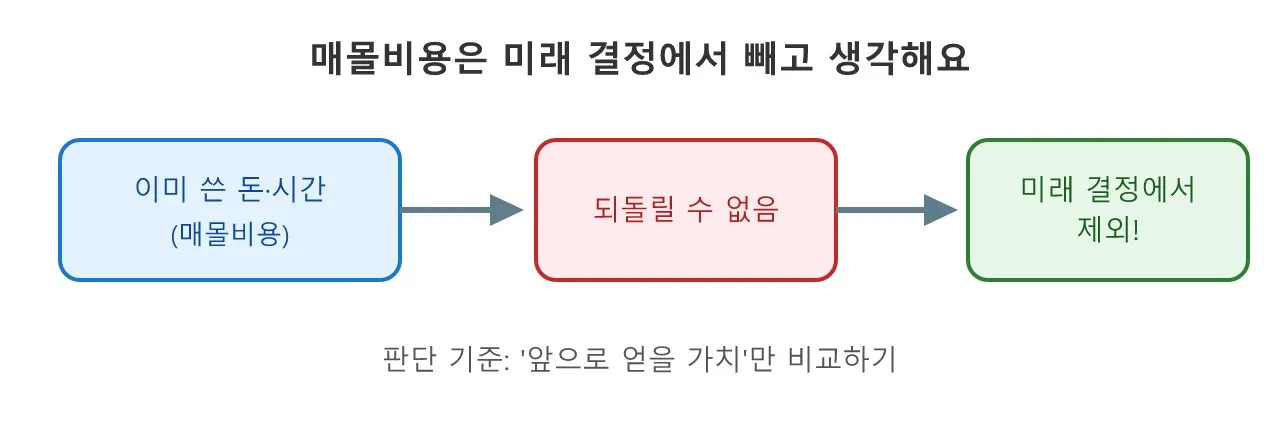 마인드셋: 매몰비용 — 이미 쓴 시간이 다음 결정을 망친다 도식
