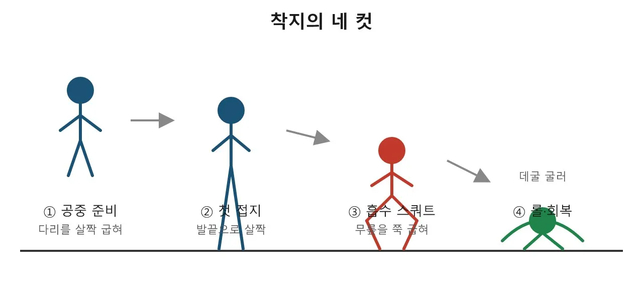 낙하 착지 — 충격을 흘려보내는 포즈 도식