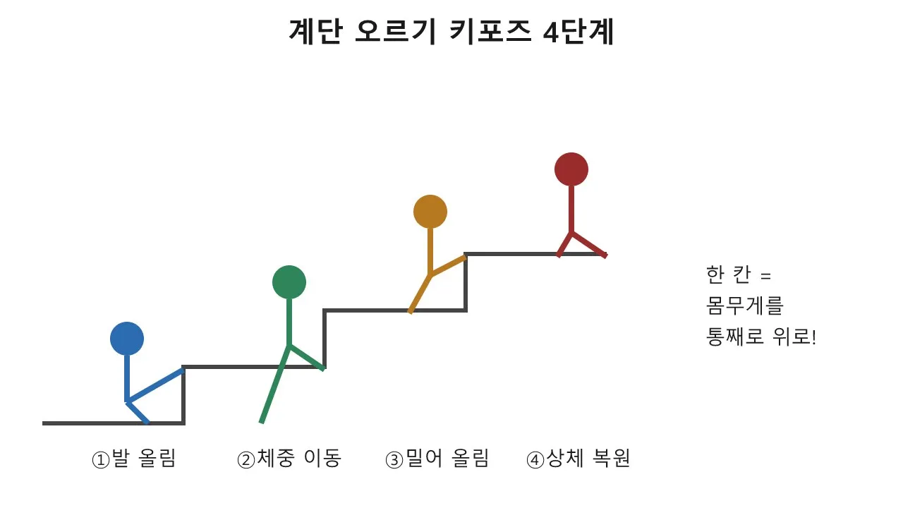 계단 오르기: 한 걸음이 곧 몸무게 옮기기 도식